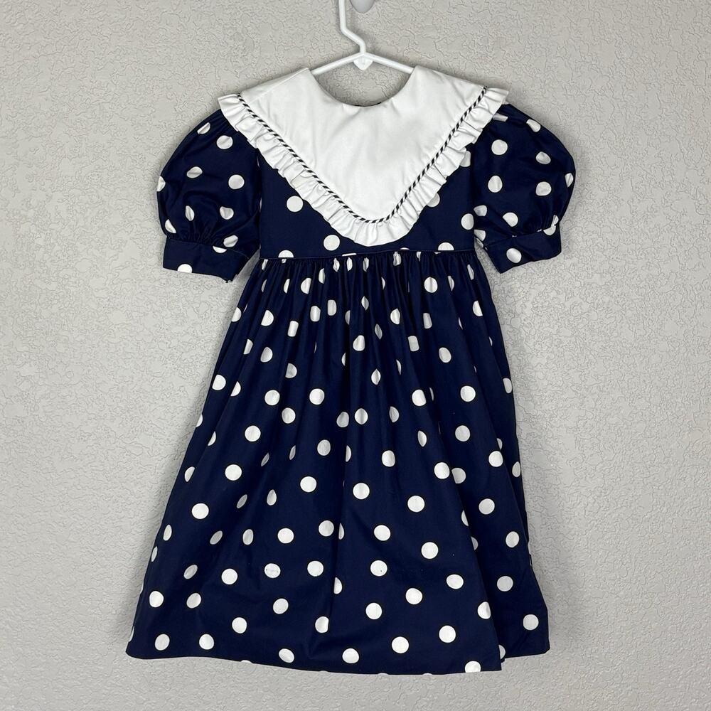 Vtg 80s Monday's Child Girls Dress Bib Sailor Collar Polkadot Navy Size 5